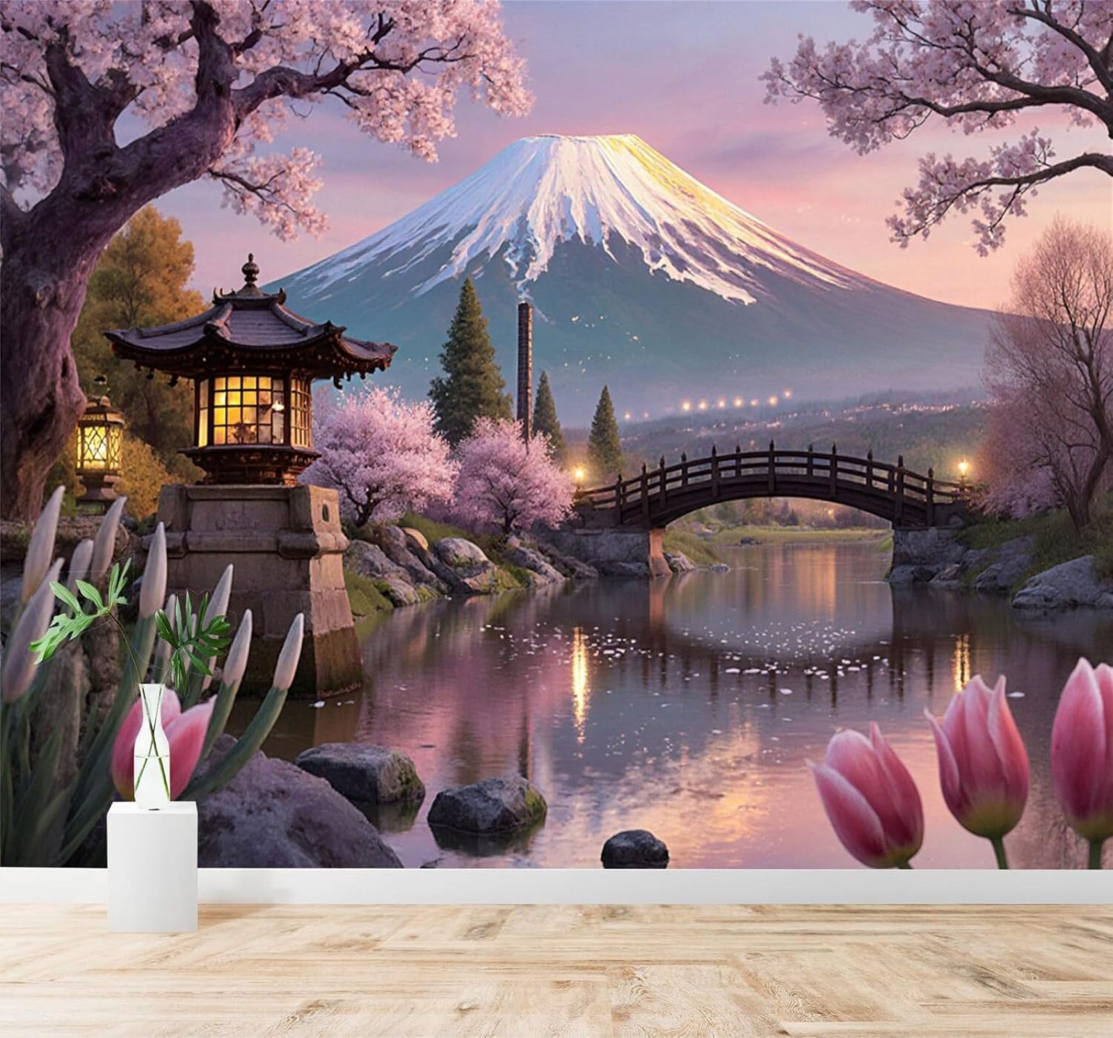 XLMING Ethereal Snow Capped Mountains Cherry Blossom Trees Wooden Bridge River Lanterns 3D Wallpaper Silky Texture Home Study Office Grey Dining Room Sofa Bedroom Living Room TV Backdrop-250cm×170cm