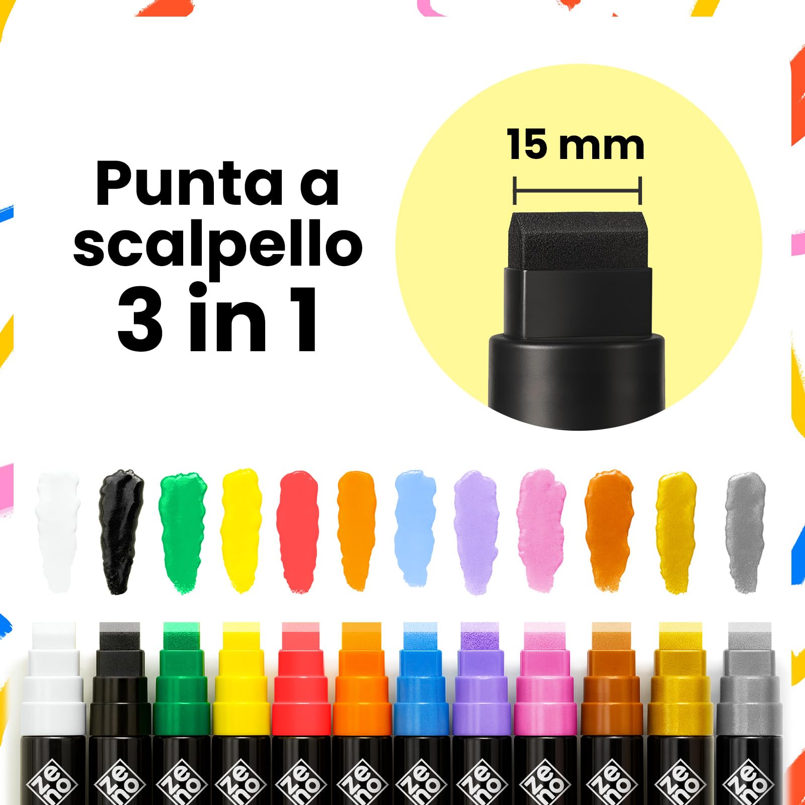 ZENO Pennarelli Acrilici Jumbo – 12 Colori Vivaci, Punta Chisel 3-in-1 da 15 mm, Pennarelli Vernice Waterproof per Legno, Sassi, Tessuto, Vetro, Poster, DIY, Bambini e Artisti