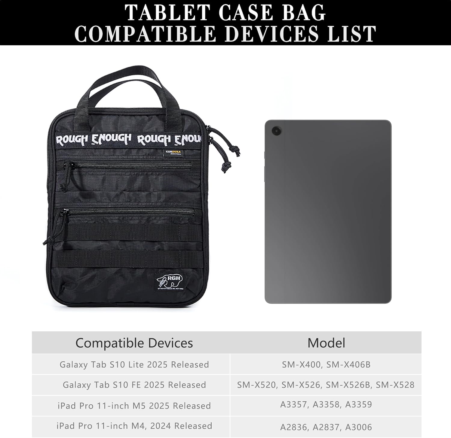 Rough Enough 9-11 Inch Tablet Bag Case for IPad for College Students Men Campus Outdoor Travel with Detachable Shoulder Strap Pen Sleeve Holder Weather Resistant Black Cordura Fabric