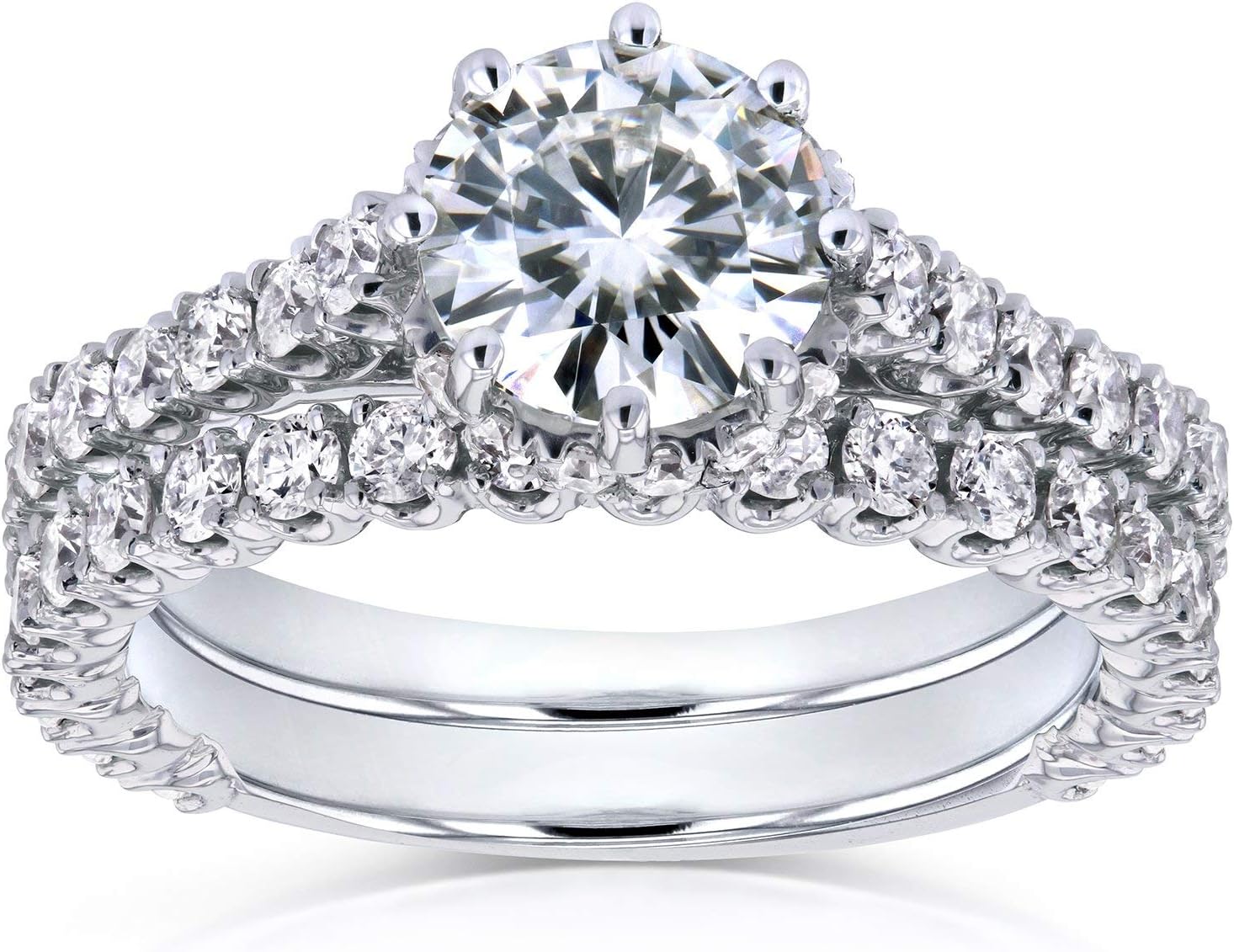 Kobelli Round Moissanite 8-Prong Standing Halo Bridal Set 2 1/10 CTW in 14k White Gold