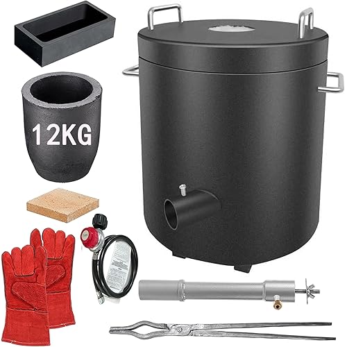 AMCJJ 12KG Hinge Flip Top Propane Melting Furnace Metal Smelting Machine with High Capacity, Melting Aluminum, Silver, and Copper Alloys, Easy-to-Use Foundry Kiln for Beginners and Professionals