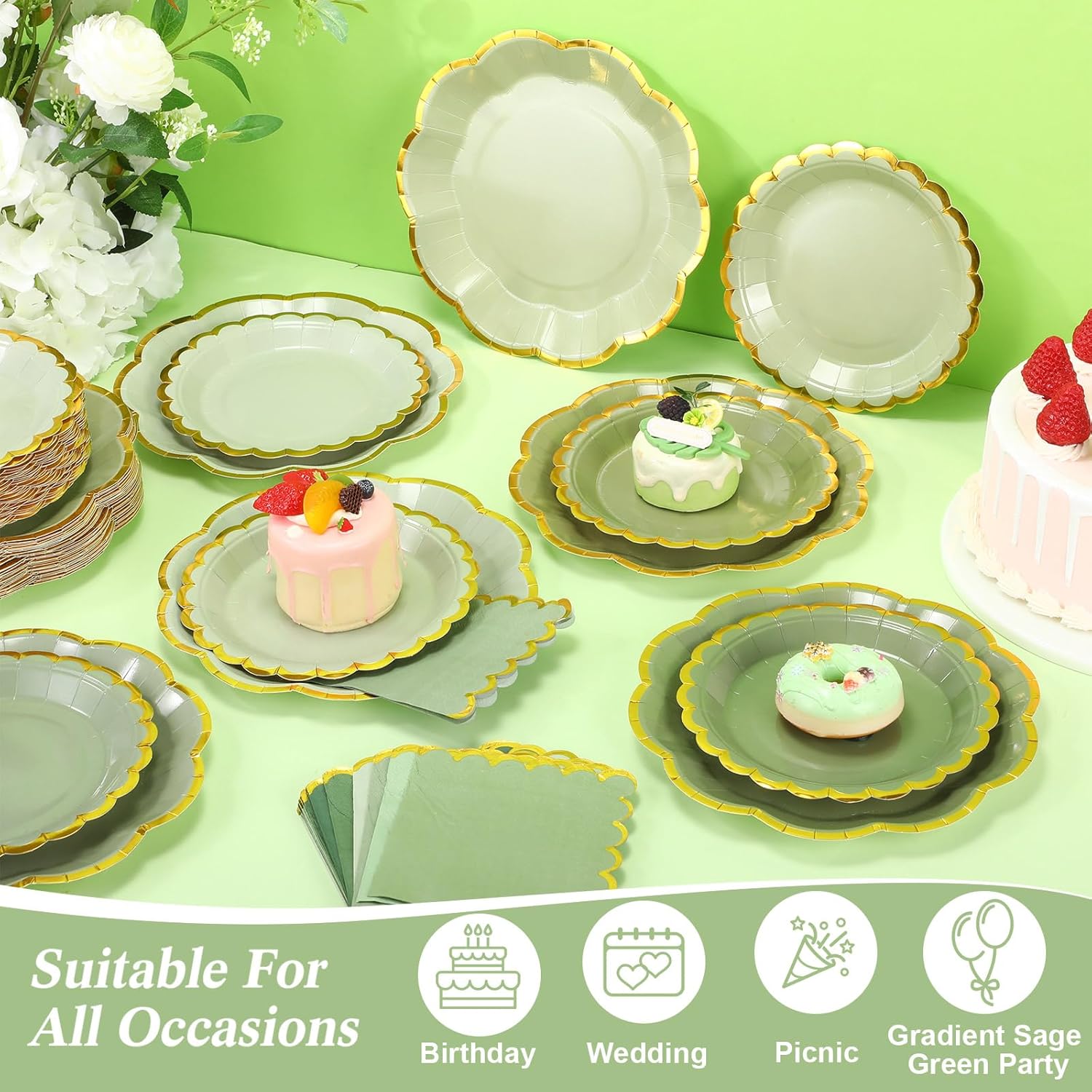 144 Pcs 48 Guests Sage Green Paper Plates and Napkins Green Birthday Party Decorations Disposable Tableware 9 Inch 7 Inch Gradient Scalloped Edge Plates for Baby Shower Wedding Bridal
