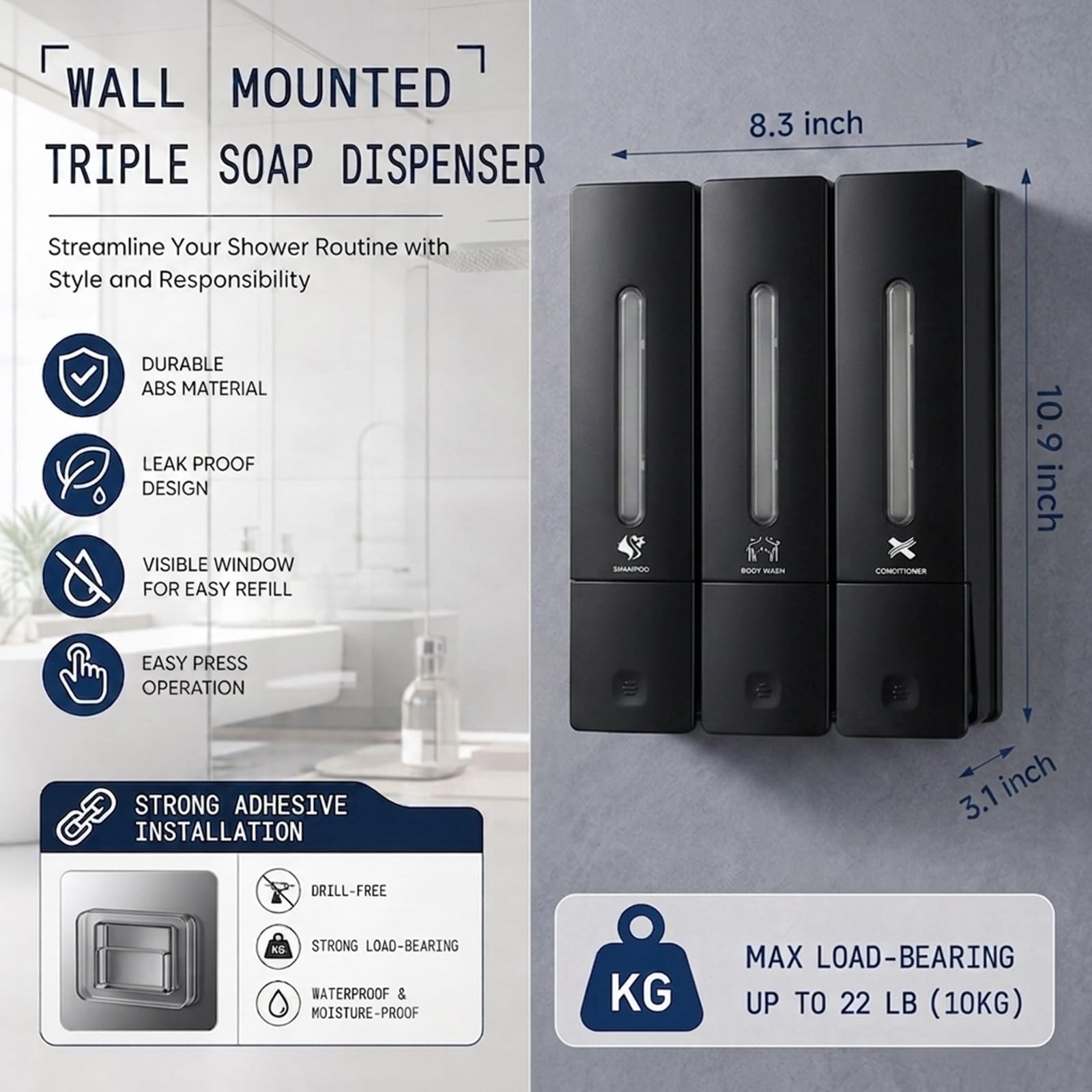 dispenser sapone nero 3 camere montaggio a parete per bagno hotel