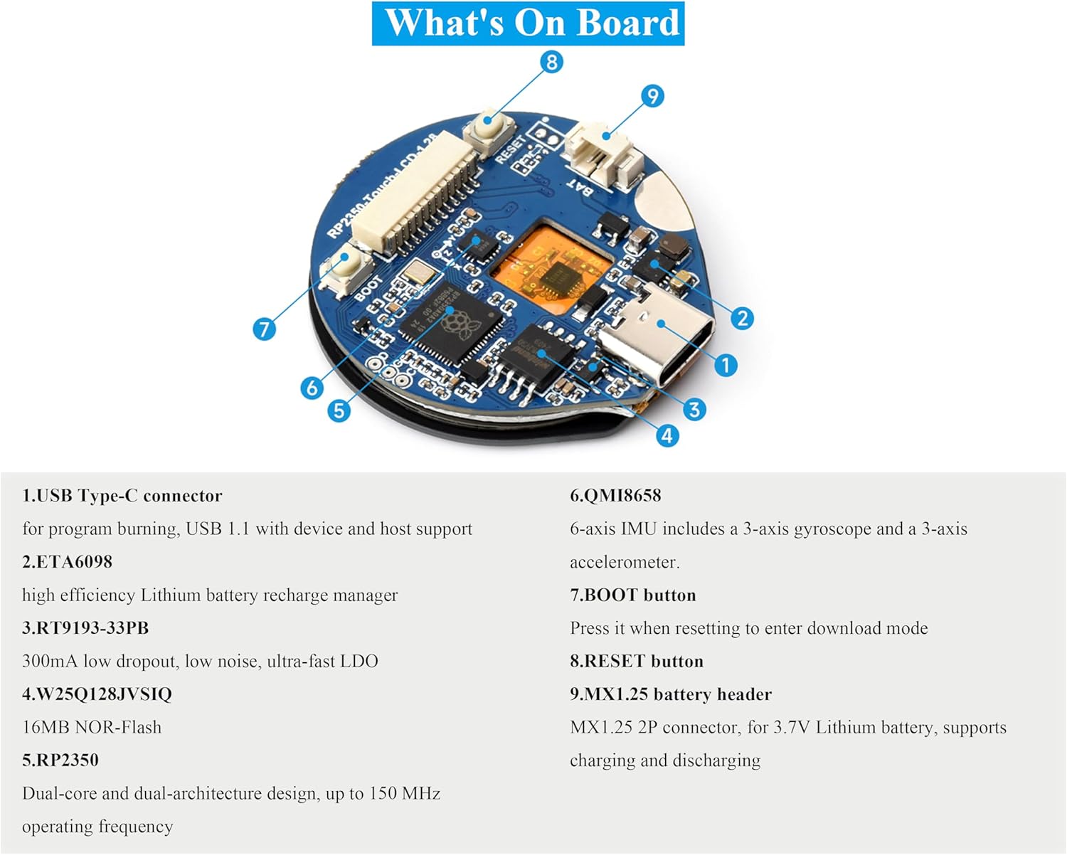 RP2350 Microcontroller Development Board with 1.28inch Round Touch Screen IPS LCD 240×240 Pixels, 65K Color, Based on RPi RP2350, Dual-Core & Dual-Architecture Design Type-C Connector