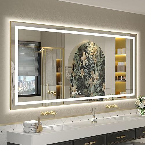 Miniatura 61 de OKPAL 50x30 Espejo de baño LED con marco negro, espejo iluminado para tocador de baño, iluminación frontal y trasera, regulable, antivaho, 3 Negro