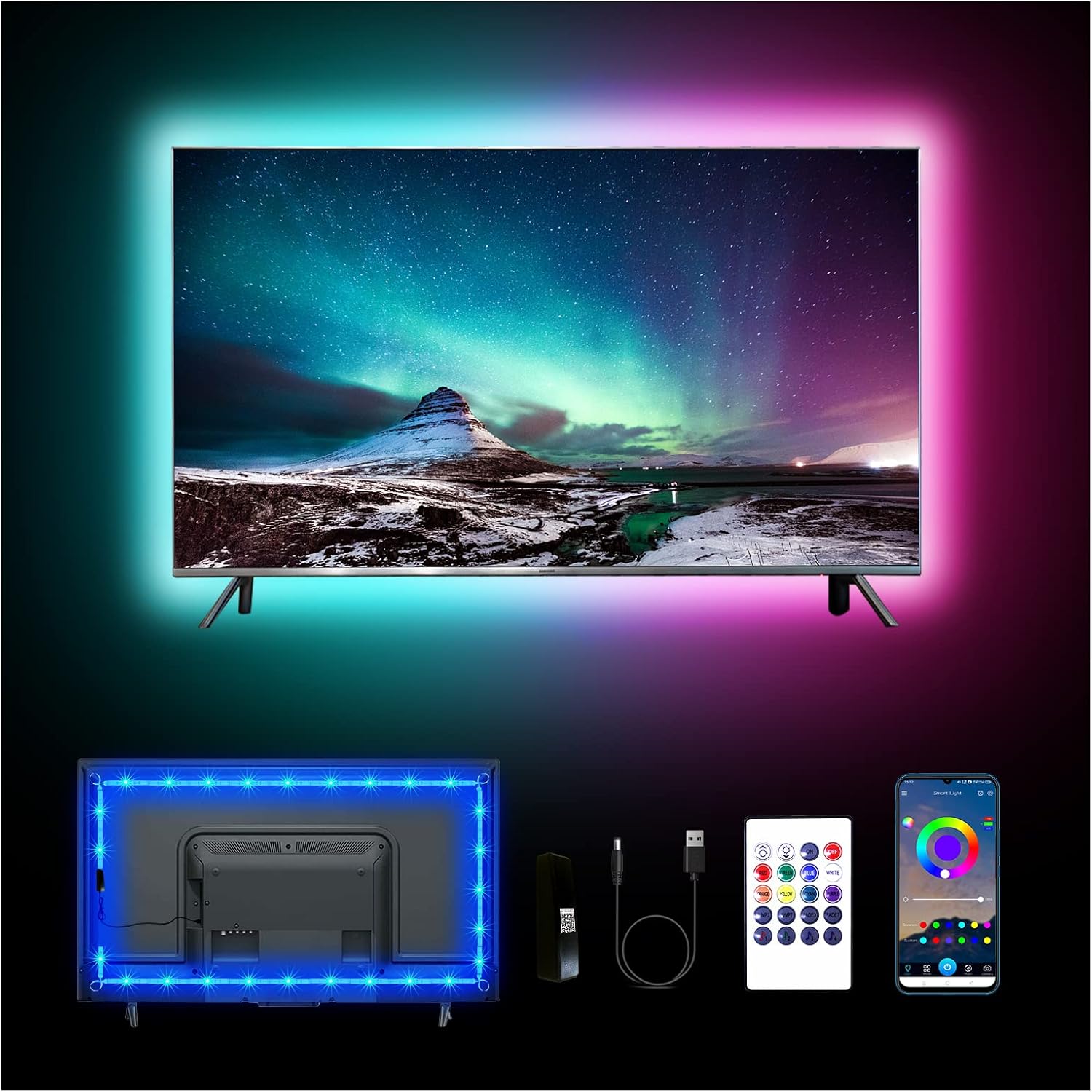 12.5ft Led Lights for TV, 40-55 Inch USB RGB LED Strip Lights, TV Backlight with Remote Built-in MIC Music Sync, Bluetooth APP Control Led Lights for Gaming Bedroom, HDTV Mood Lighting