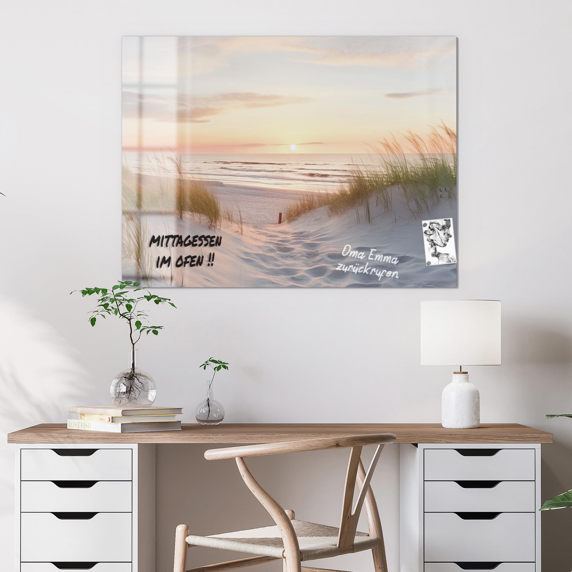 DEQORI Szklana tablica magnetyczna | wymiary 120 x 90 cm | motyw "Wieczór odpoczynku na plaży" | tablica magnetyczna z magnesami, długopisem i chusteczką do kuchni i biura | tablica magnetyczna i do