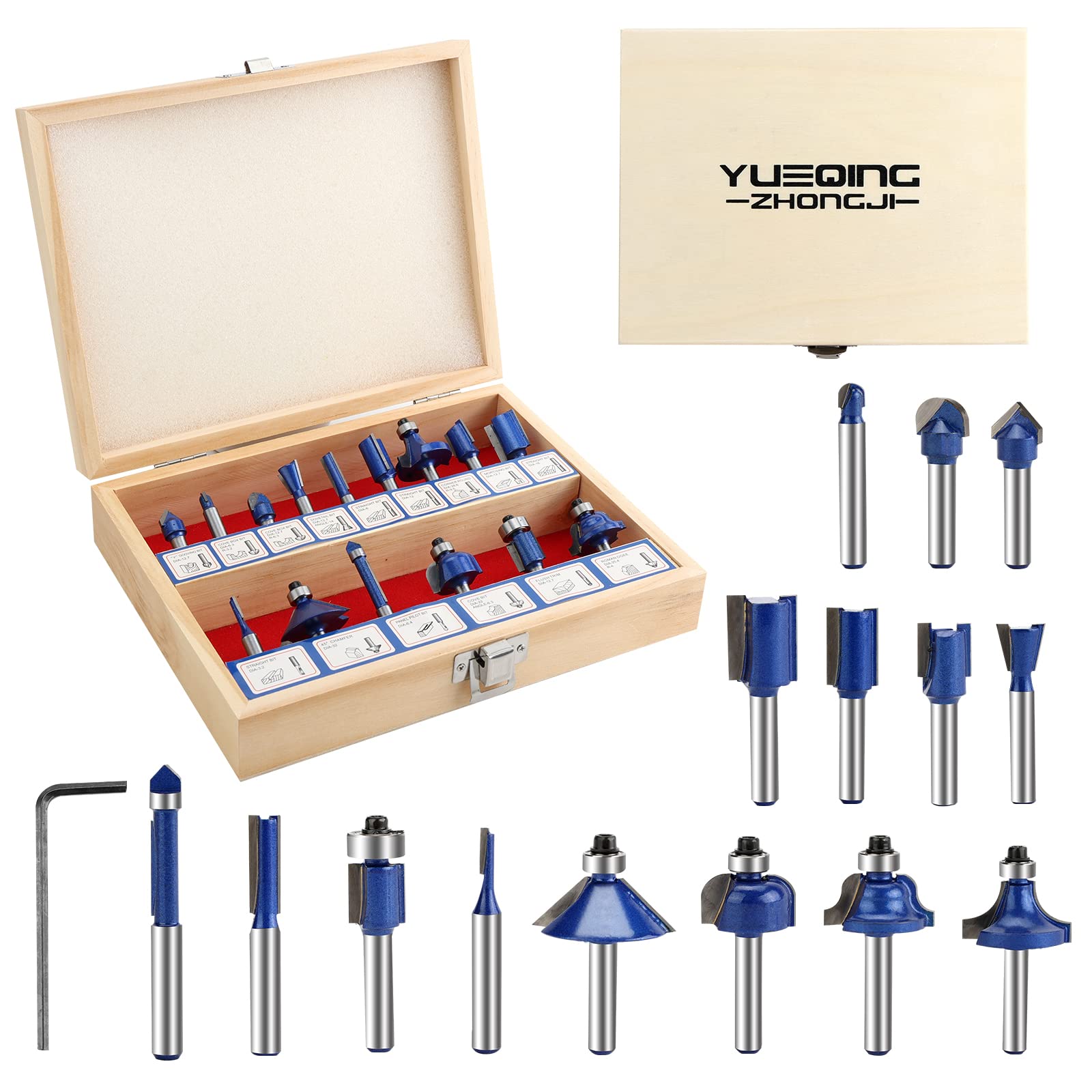 Yueqing Zhongji 1/4 Inch Shnak Router Bits Set 15 Tungsten Carbide Router Bits-6.35MM Shank 15 Piece Router Bit 1/4 Inch Professional router bits set