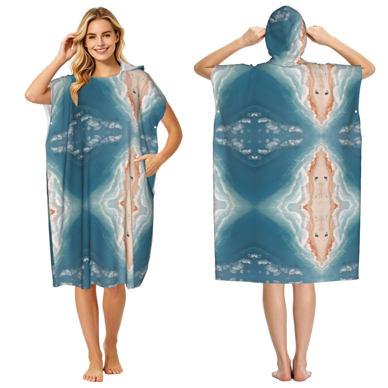 EZDLOWVBA Beach Print Hooded Poncho Microfiber Beach Towel,Adult Women & Men Changing Robe,Lightweight Summer Surf Swim Bath Poncho Towel