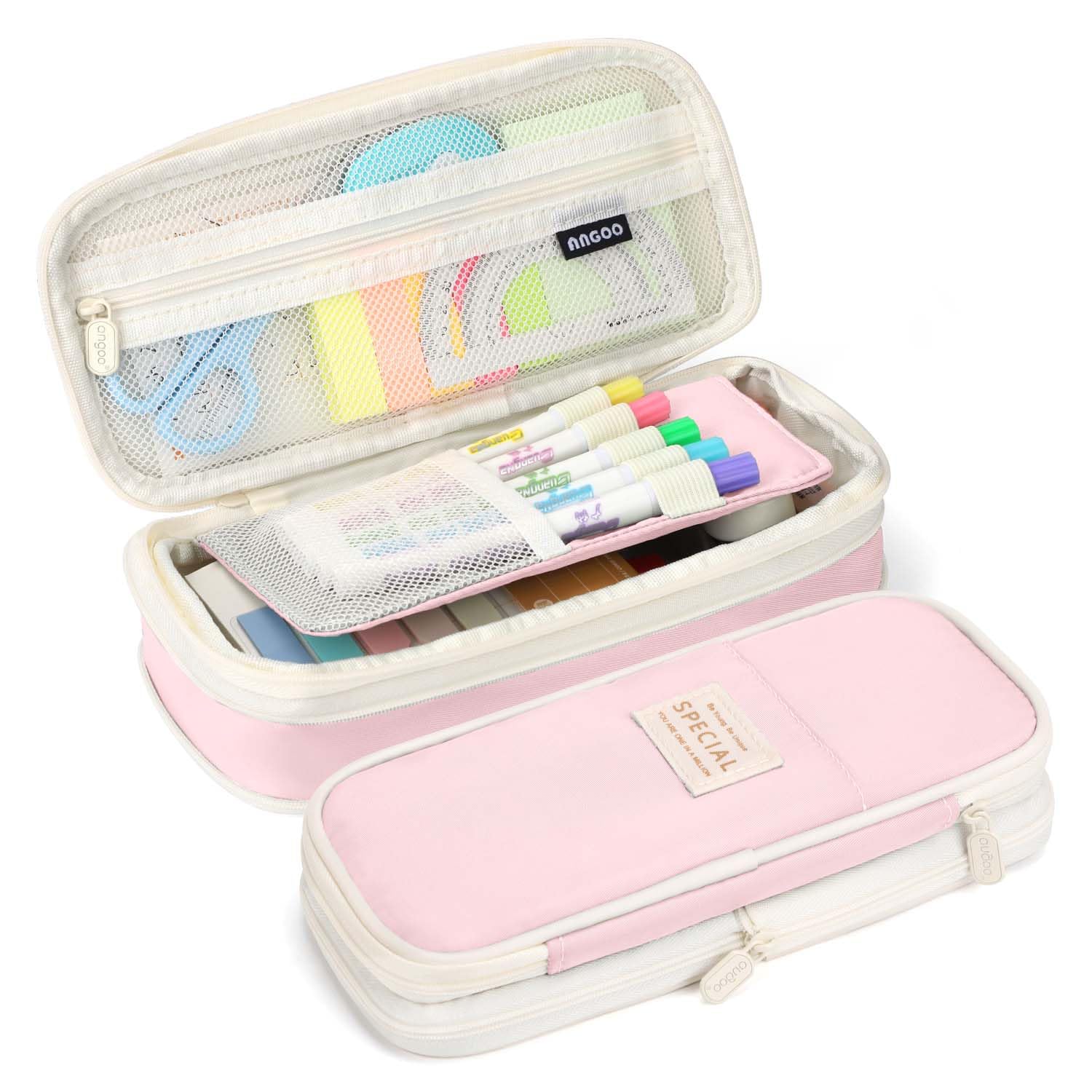 LHMTQVK Large Capacity Pencil Case Pencil Pouch Handheld Pen Bag, pencil case for Teen Girl Boy Men Women Adult, Pink-beige