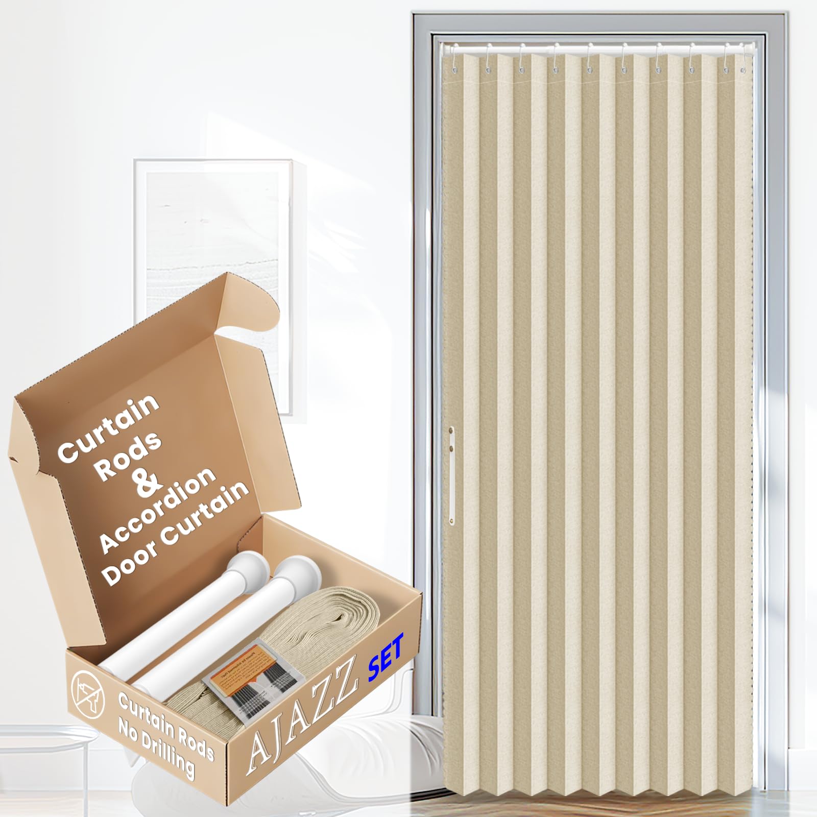AJAZZ Blackout Door Curtain with Curtain Rods Adjustable 28-52" Long Accordion Door Closet Curtain Invisible for Bedroom Room Living Room Doorway (1 Pack, 52 W x 78 L, Cream White)