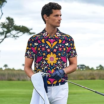 Mosytuky Cinco De Mayo Floral Print Golf Shirts for Men Dry