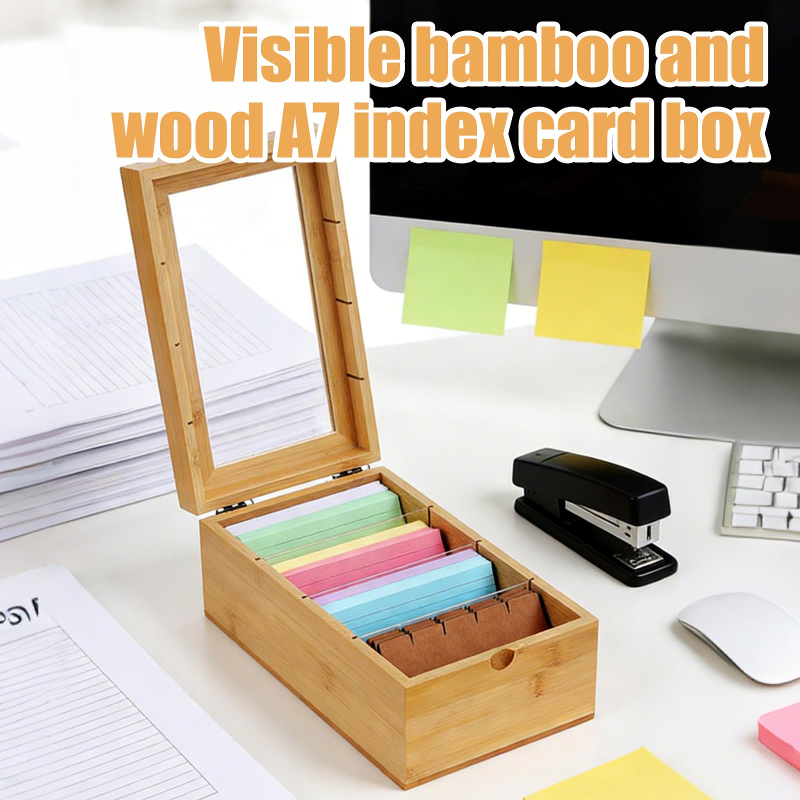 BAIFULAI Cajas de madera para tarjetas A7, 25,4 x 15 x 10 cm, con tapa, con 300 tarjetas de aprendizaje, fichas de vocabulario, caja de madera para oficina, escuelas y hogares