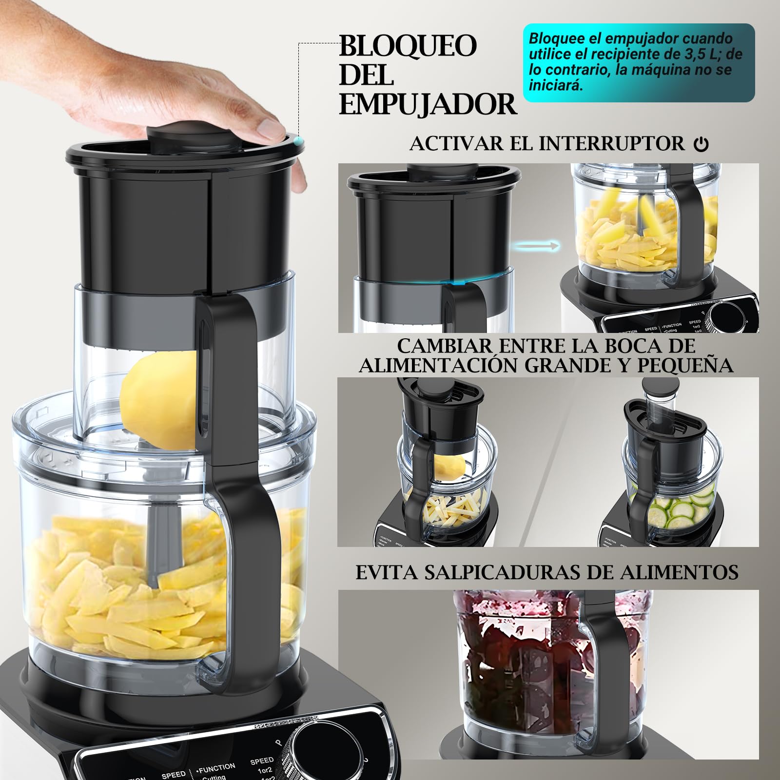 FIMEI Procesador de Alimentos 1300W, 3 Velocidades y Función Pulso, 3,5L Picadora, 1,5L Batidora, Molinillo, Exprimidor de Cítricos, Amasadora de Masa, Rallador, Disco Giratorio