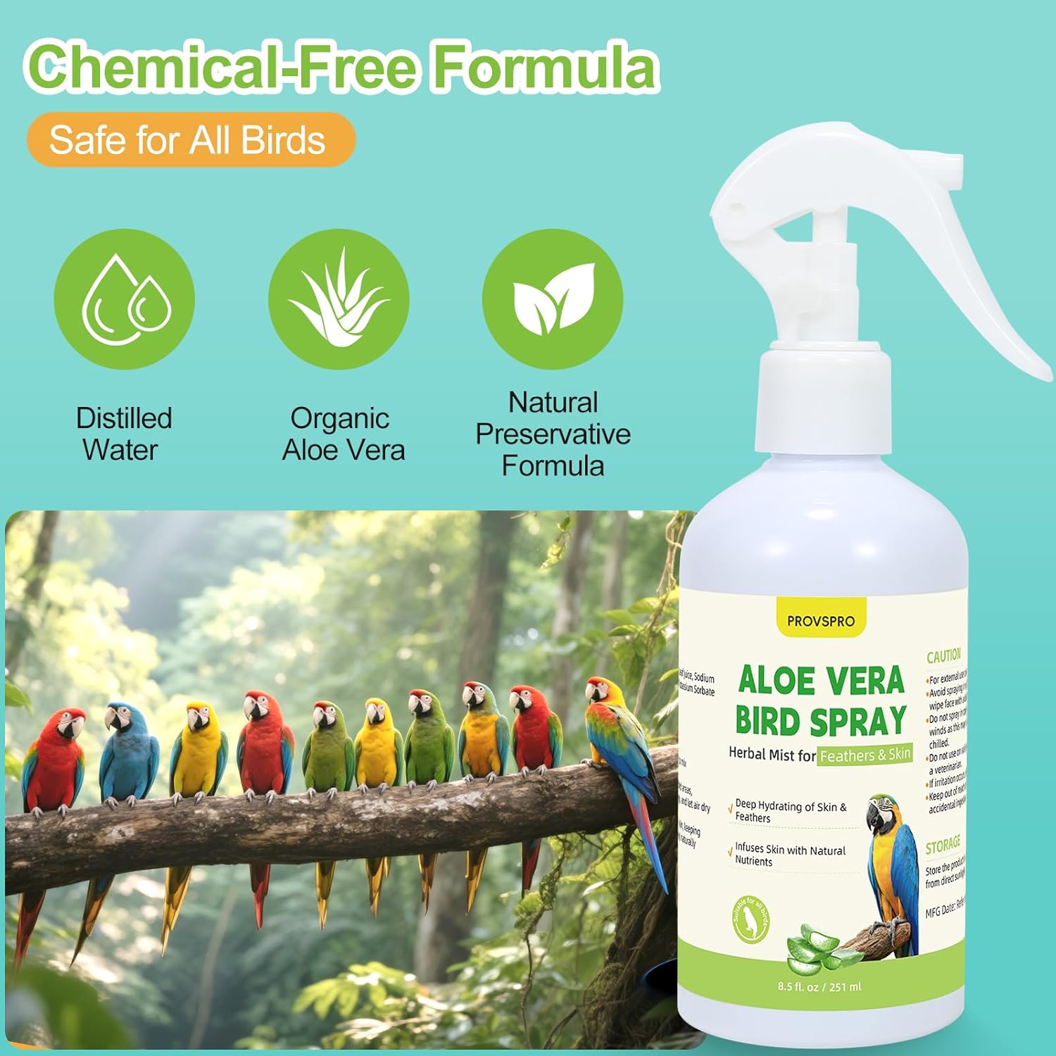 Aloe Vera Bird Spray, Moisturizes Feathers Soothes Dry Itchy Skin, Supports Molting Healthy Plumage, Prevent Feather Plucking Gentle Care, Safe Effective for Parrots Finches All Birds, Odor-Free