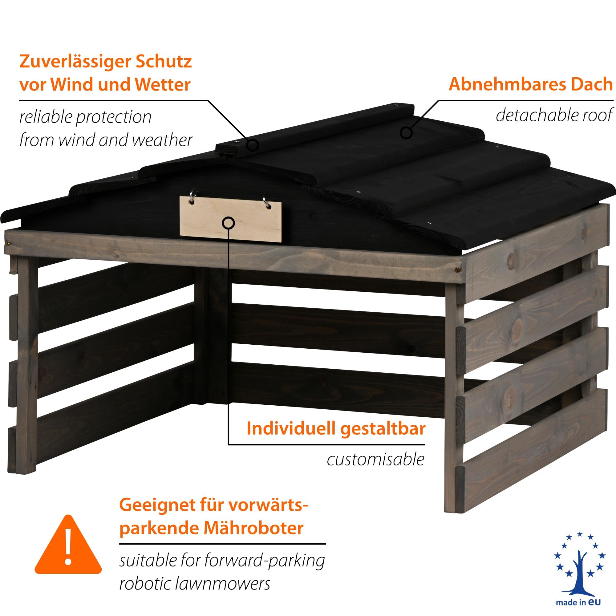 dobar Garaje para Robot cortacésped de Madera con Techo extraíble, con Escudo Personalizable, 78,5 x 74 x 52,5 cm, Gris/Negro