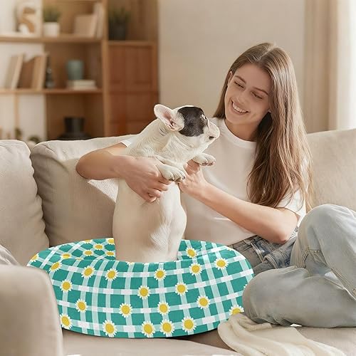 Miniatura 6 de KLL Buffalo Plaid Check Turquoise White Sunflower Anti-Slip Pet Cat Bed fluffier Puppy Beds for Medium Size Pets Sleeping cama elevada para Perros