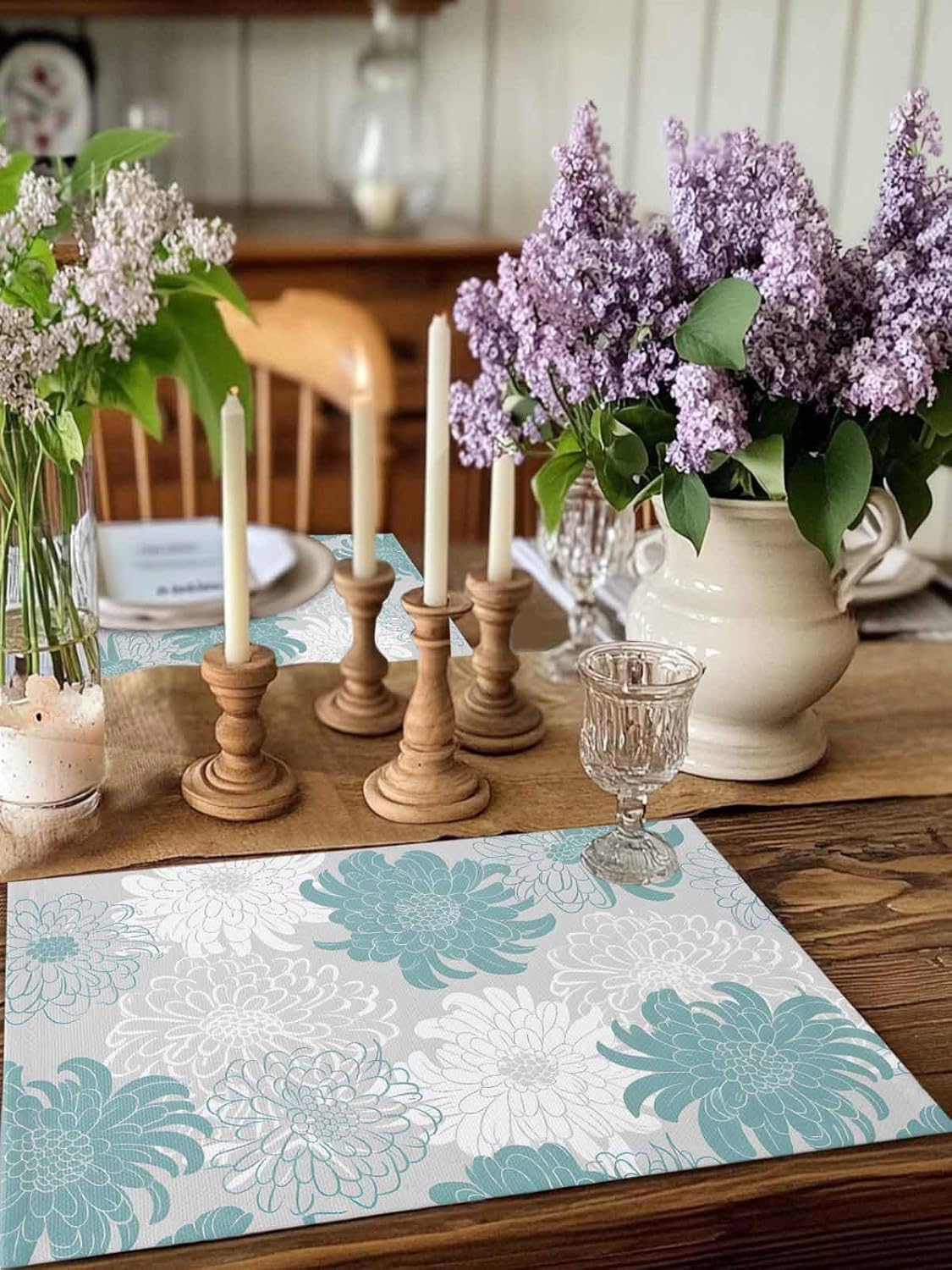 Set of 4 Placemats Heat-Resistant for Dining Table Linen Table Mats Floral Rectangle Pad Placemat 12 x 18 Inch - Chrysanthemum Flower Teal Grey White