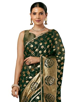 SIRIL Women's Georgette Foil Printed Saree with Unstitched Blouse Piece (4443S340_Dark Green)