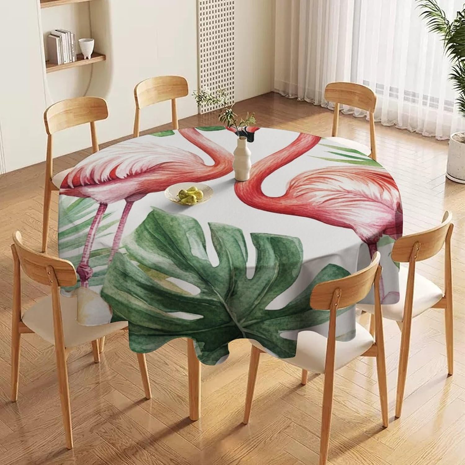 Funny Flamingo Birds Round Tablecloths, Botanical Palm Leaf Floral Washable Holiday Decor Table Cover for Kitchen, Dining, Party, 36Inch