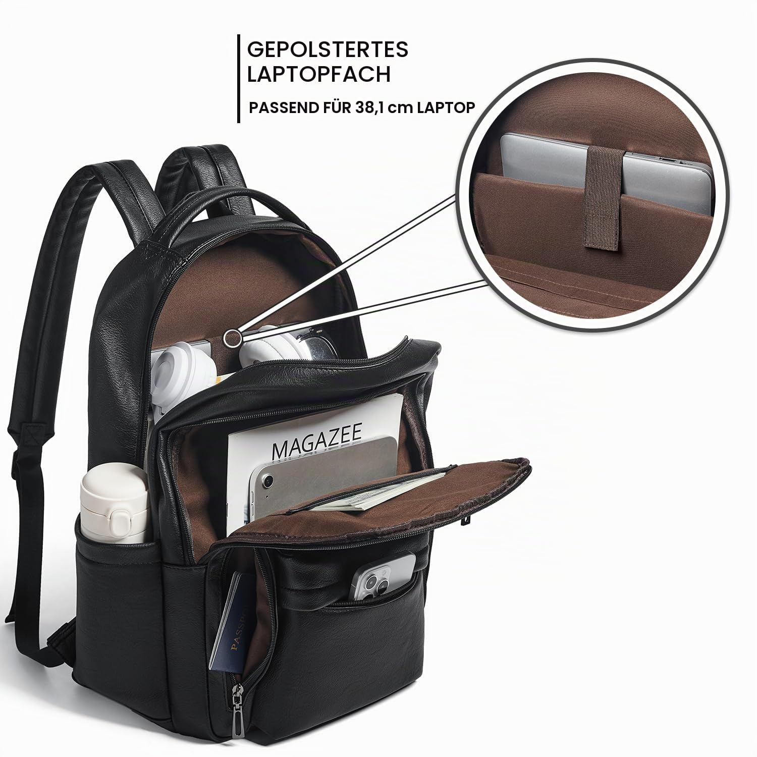 LATMAP Lederrucksack Damen 30L,Rucksack Damen Tagesrucksack Mittel-Groß Laptoprucksack Elegant Handtasche Unisex Lederrucksack mit Geldbörse für Uni Reisen Freizeit
