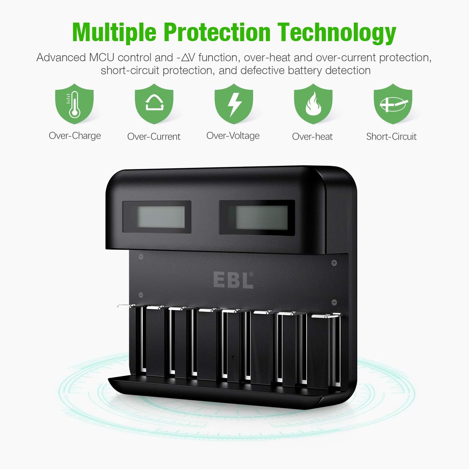 EBL LCD Universal Battery Charger - 8 Bay AA AAA C D Battery Charger for Rechargeable Batteries Ni-MH AA AAA C D Batteries with 2A USB Port, Type C Input, Fast AA AAA Battery Charger