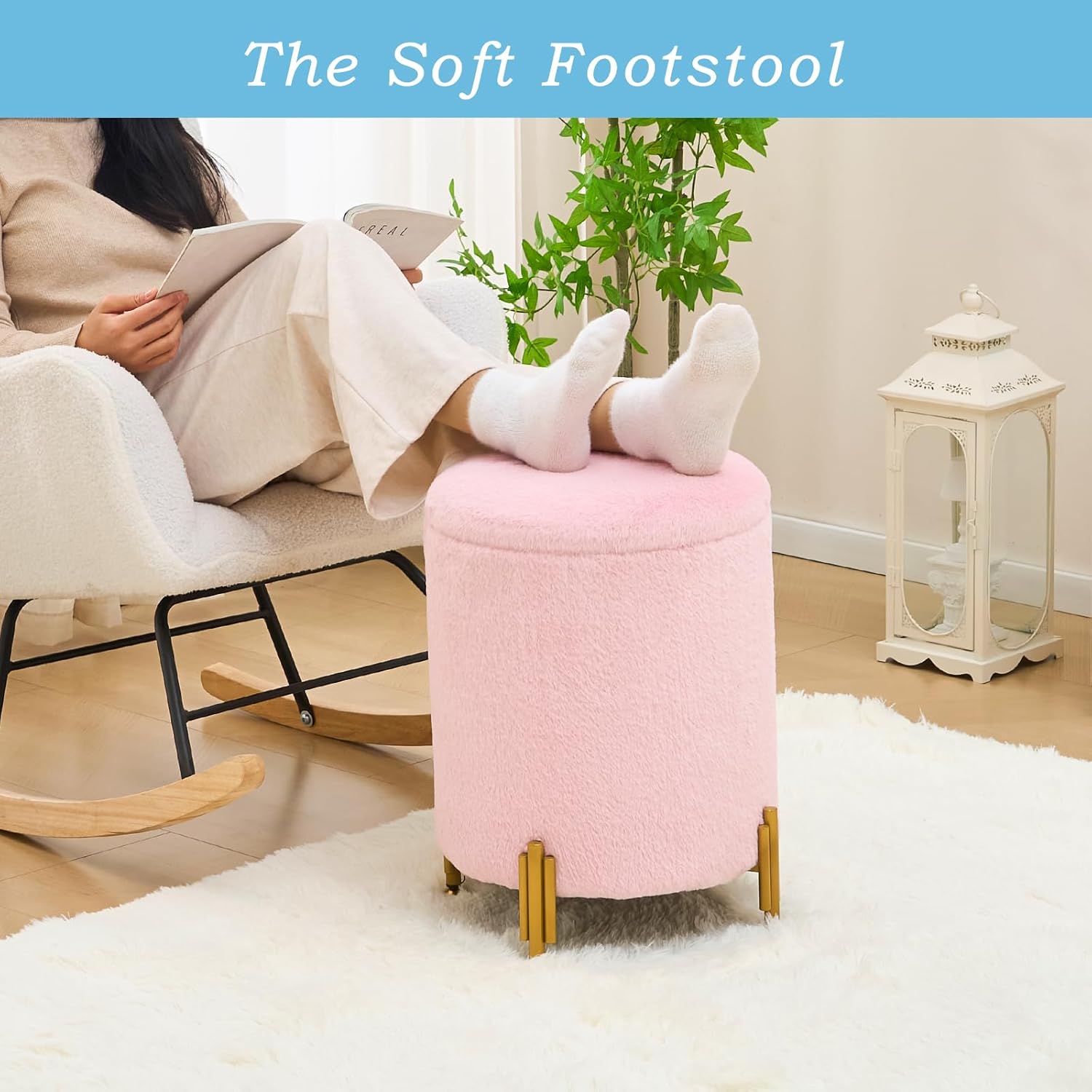 Mxfurhawa Round Ottoman Foot Stool with Storage and Metal Legs for Living Room Bedroom, Velvet Upholstered Footrest Stool Support 300lbs Modern Padded Seat Ottoman Coffee Table (Pink-Short Plush)