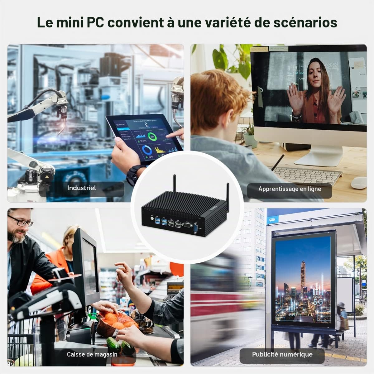 BASOARO Mini PC Industriel sans Ventilateur i5, Mini Ordinateur Win 11 Pro, 16GB RAM 256GB SSD Core i5 8350U Ordinateur Industriel avec RS232, RJ45 LAN, 2 écrans HD, WiFi, BT