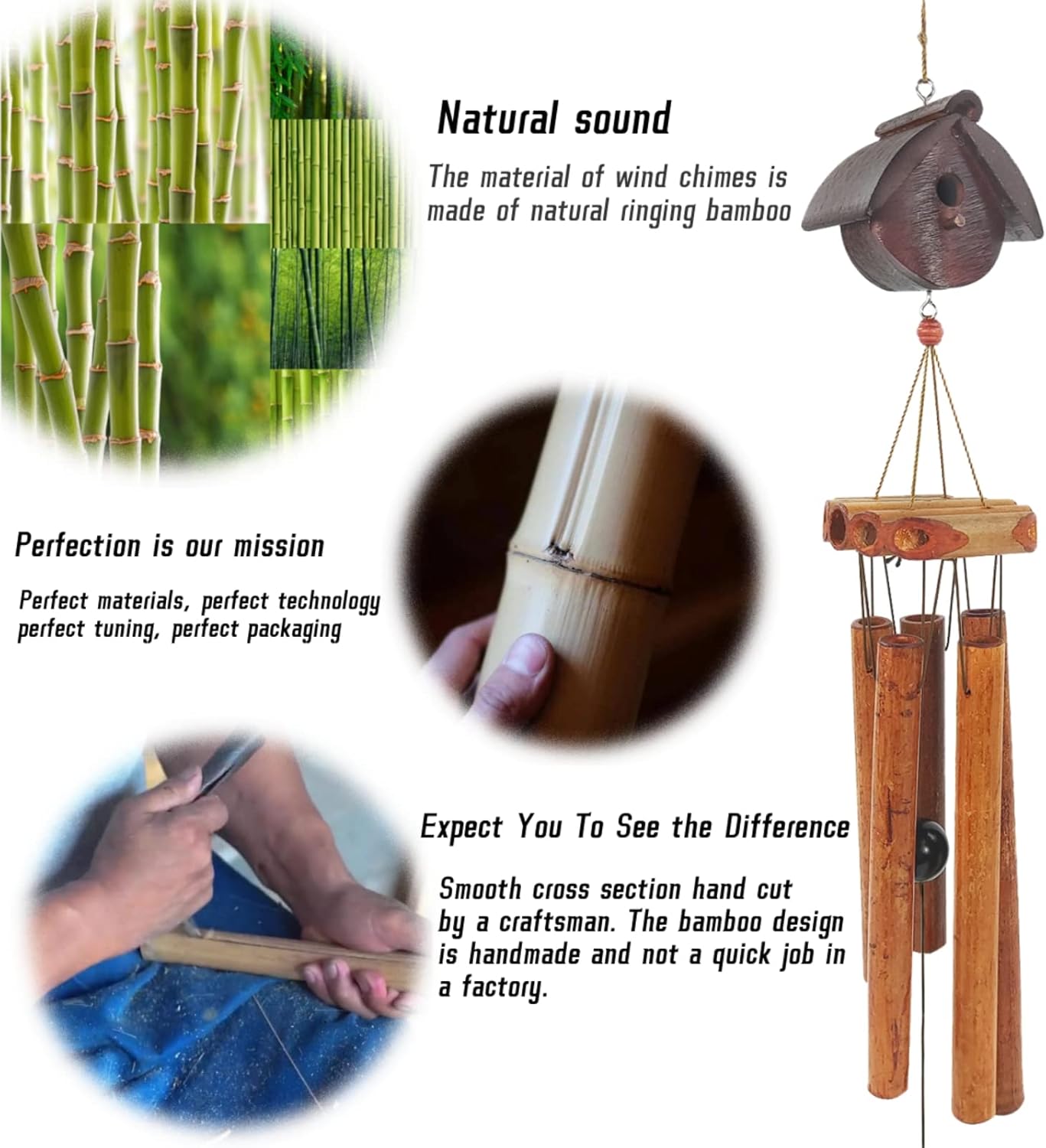 Bamboo Wind Chimes, Wind Chimes for Outside Outdoor Deep Tone, Handcrafted Memorial Wind Chimes with Calming Soothing Sounds, Ideal Garden, Patio, Backyard, Home Décor