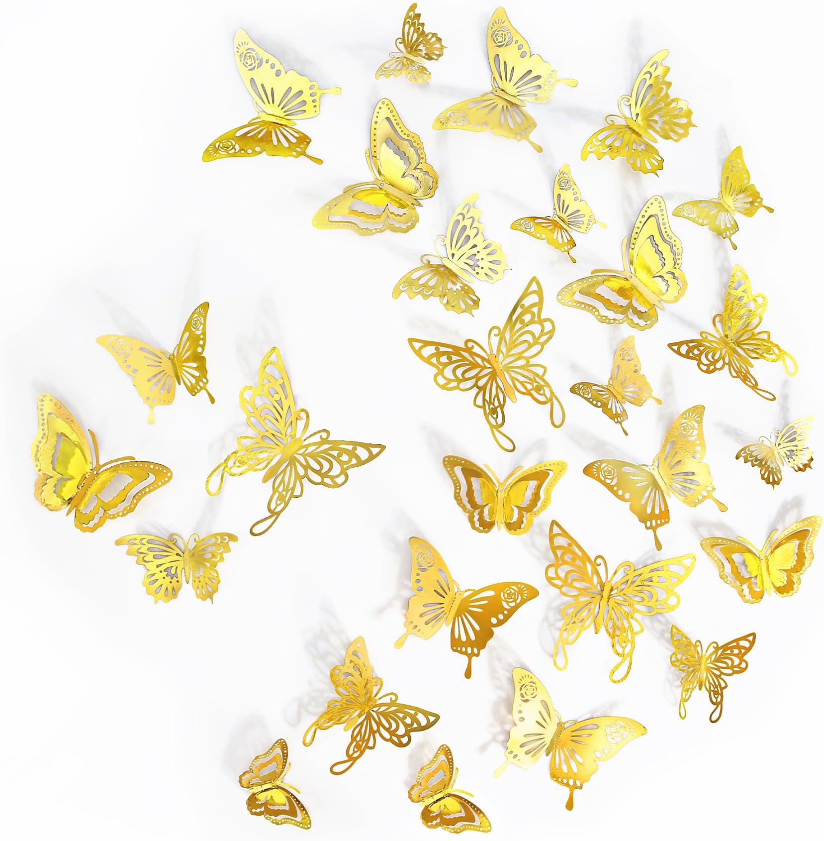 Butterfly Decorations - 48 Pcs, 4 Styles, 3D Wall Decor, Gold, Baby Shower, Flower Arrangements