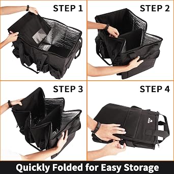 MATEIN Insulated Food Delivery Bag, L Thermal Catering Bag for Hot & Cold Food, Water-Resistant Foldable Pizza Delivery Carriers for Transport with 4 Cup Holders & Reinforced Bottom, Black
