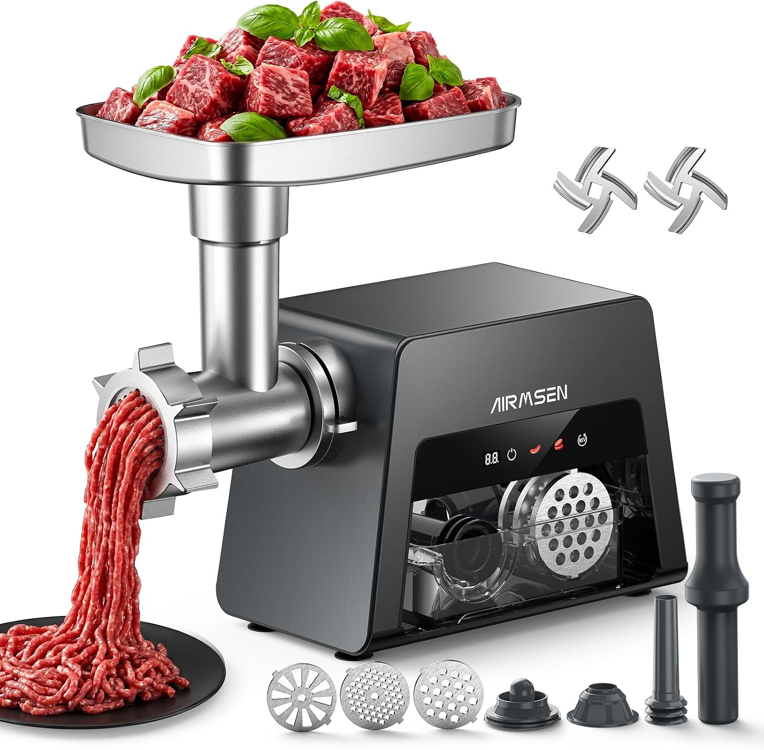 AIRMSEN Hachoir a Viande Electrique, 3-en-1, Aluminium Moulé Sous Pression, Pour Kebbés et Saucisses,2 Vitesses 2500 W Max, Moteur Silencieux, Idéal pour un Usage Domestique et Les Amateurs de Cuisine