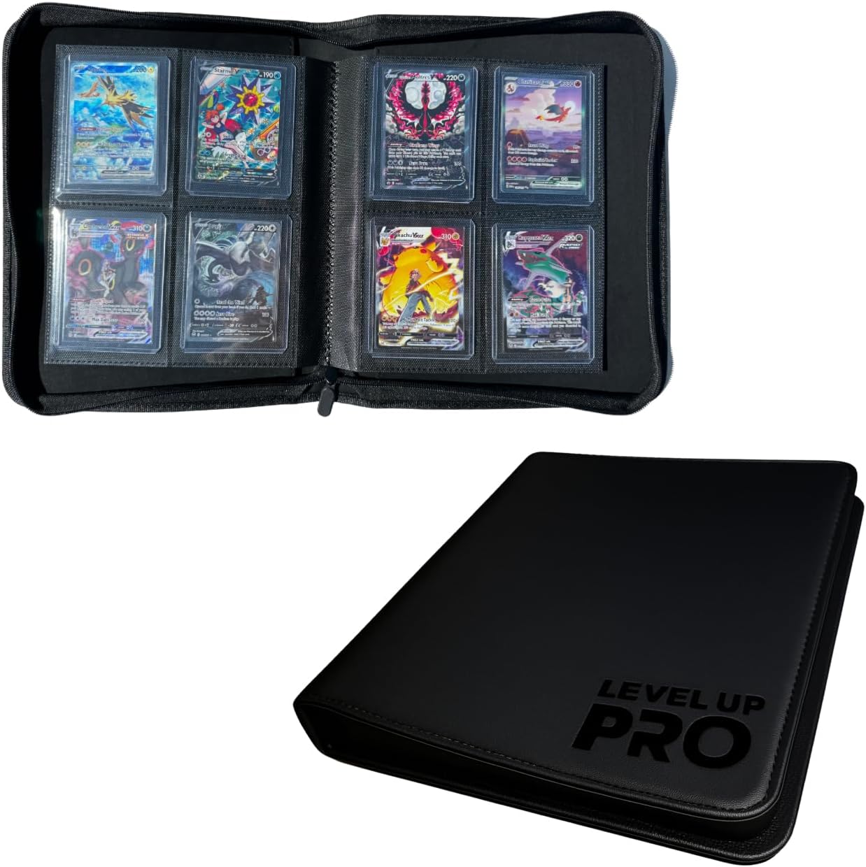 Toploader Binder for 112 Top Loaders – 4 Pocket Trading Card Case – Pokemon, MTG, Sport Cards – Zip Binder – Level Up Pro (Matte Black)