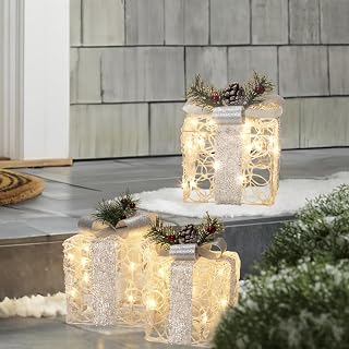 Christmas Decorations, Vanthylit Set of 3 Christmas Lighted Acrylic Gift Boxes with 48LT Warm White LED Plug in Transparent Present Boxes for Indoor Outdoor Use Christmas Yard Room Tree Decorations