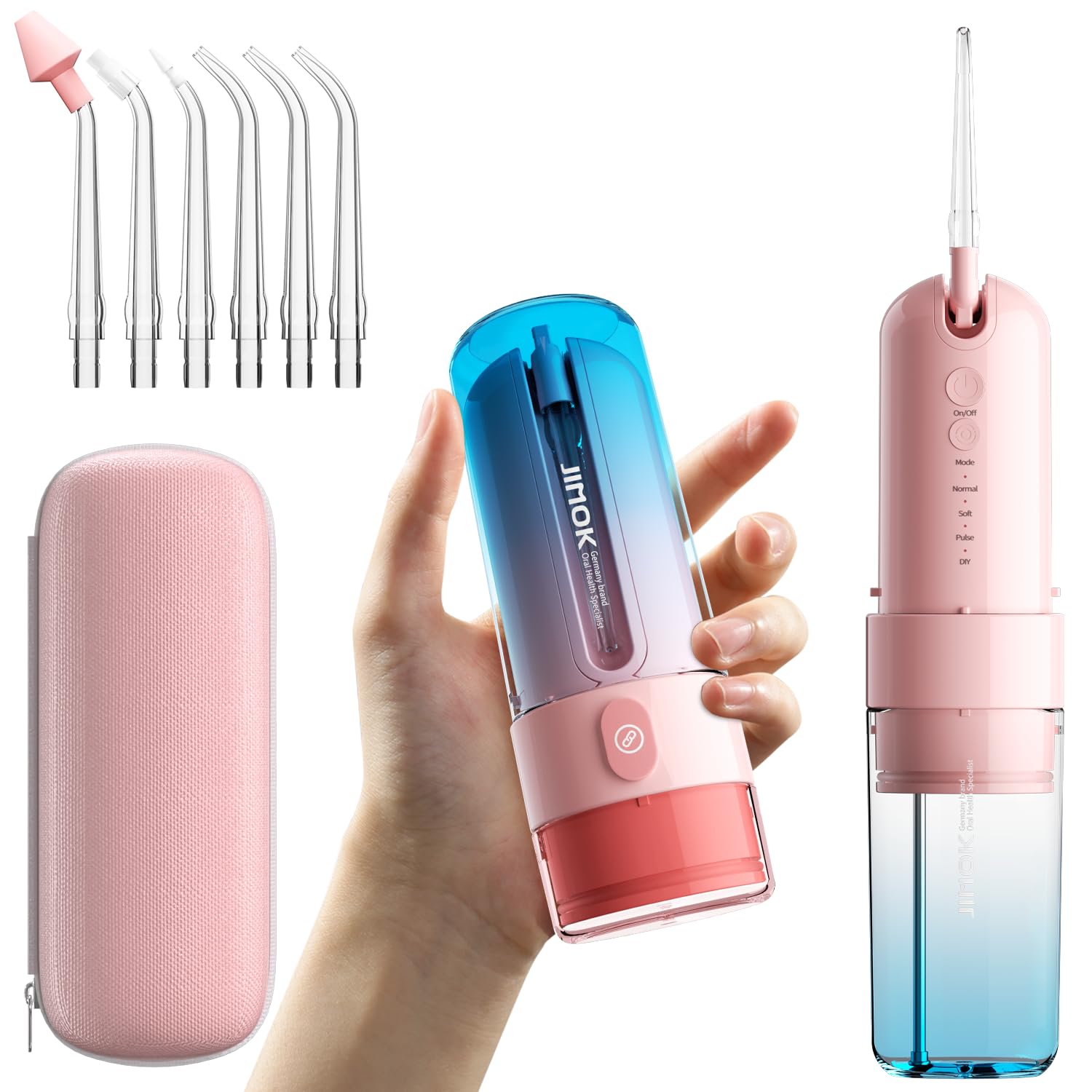 JIMOK Irrigador dental de agua inalámbrico para dientes, irrigador oral portátil, 4 modos con bricolaje, 6 puntas de chorro, tanque de agua extraíble para una fácil limpieza, funda portátil para