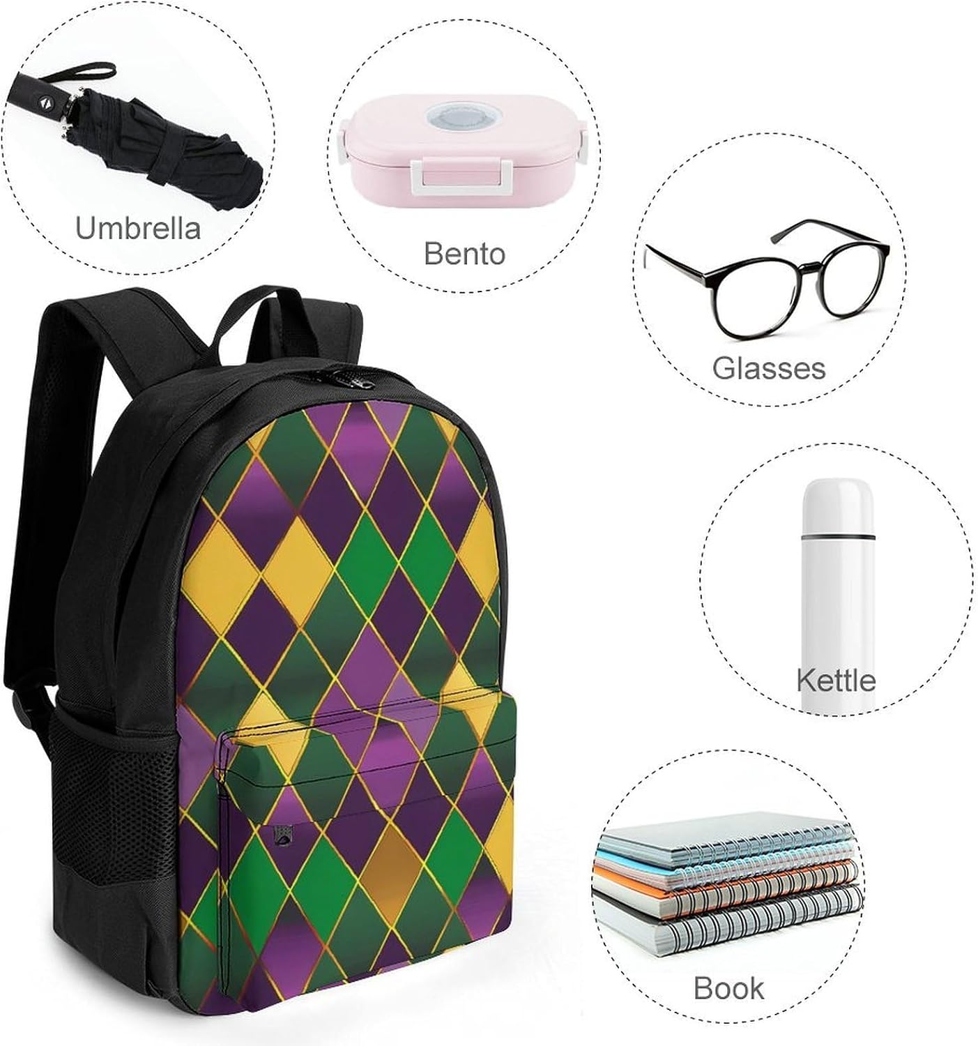 Mardigras Diamond Pattern Backpack Lightweight Backpacks Work Bag