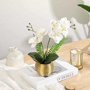 Briful Artificial Flowers Like Real Orchids Artificial Flowers Decorative Artificial Plant Phalaenopsis in Gold Pot Spring Flowers for Living Room Bathroom Office Decoration