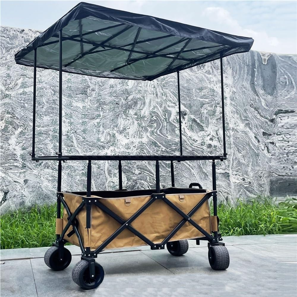 Carrello pieghevole da 130 cm con tettuccio e piano regolabile da tavolo, resistente, per spiaggia, spesa, campeggio, attività all'aperto, grande capacità, nero
