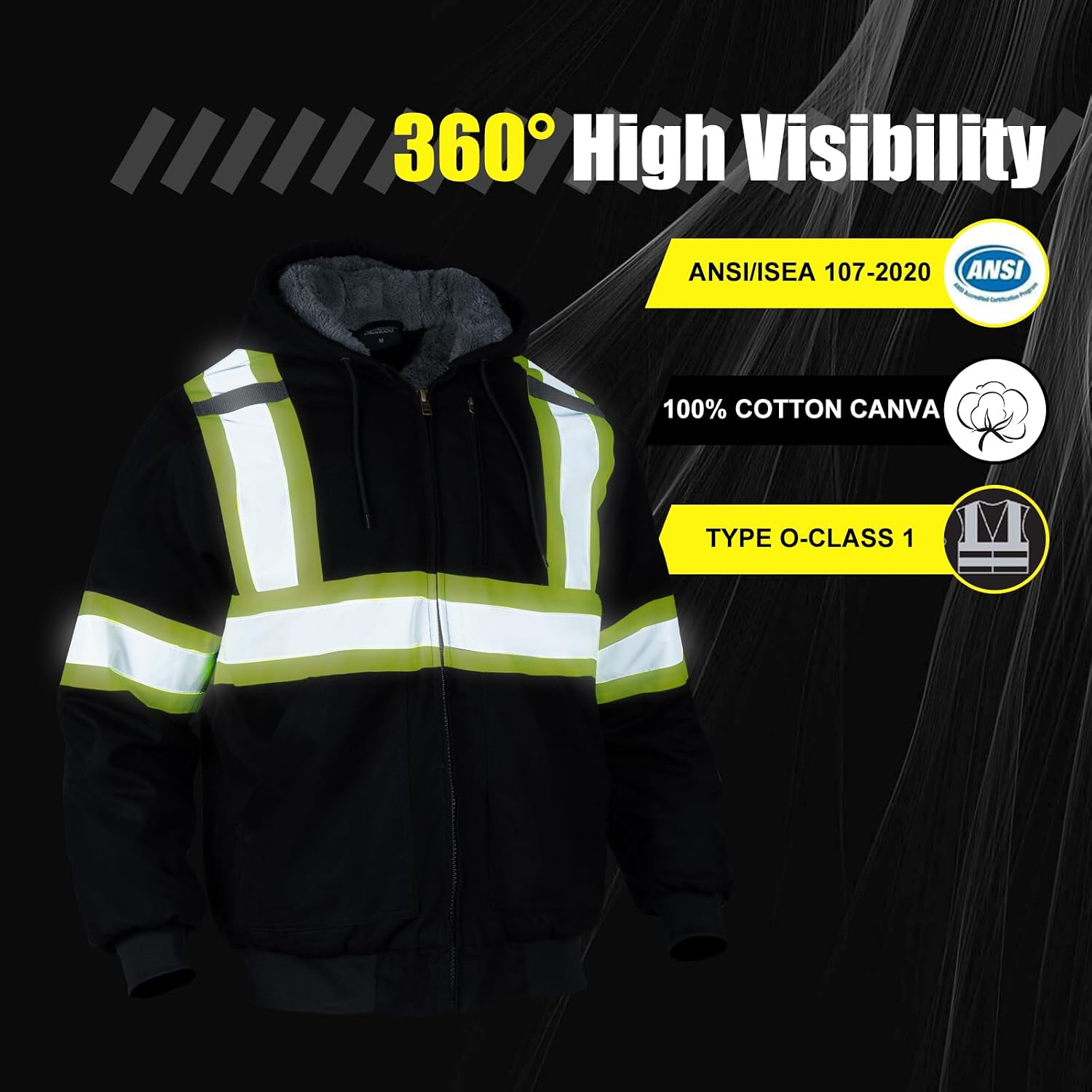 Men's High Visibility Work Jacket, Reflective Fleece Lining Canvas Cold Weather Jacket