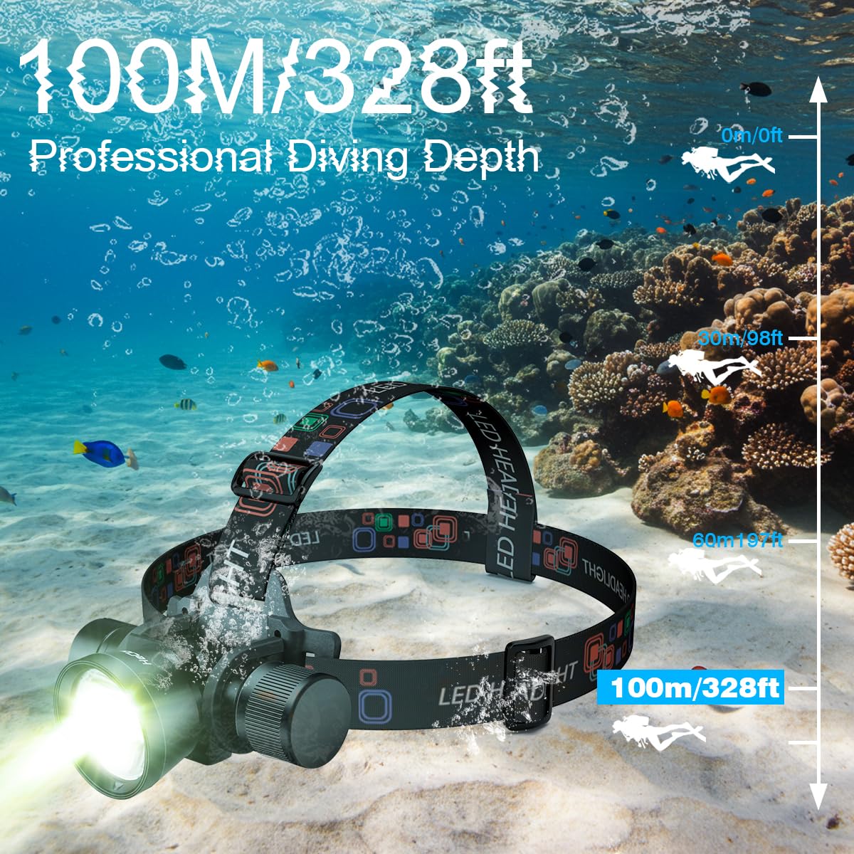 Lampe frontale de plongée super lumineuse 3000 lumens IP68 étanche rechargeable avec 3 modes, parfaite pour la plongée sous-marine, la plongée nocturne et l'exploration sous-marine