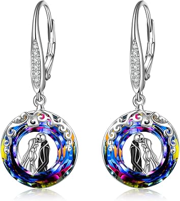 LILALO Nightmare Earring Jack Skellington Earrings Sterling Silver Crystal Jack and Sally Zero Earrings Jack Skellington Jewelry for Women Jack and Sally Drop Earring Skull Earrings Nightmare Earring Circle Crystal Gifts for Women Wife Girlfriend Daughter