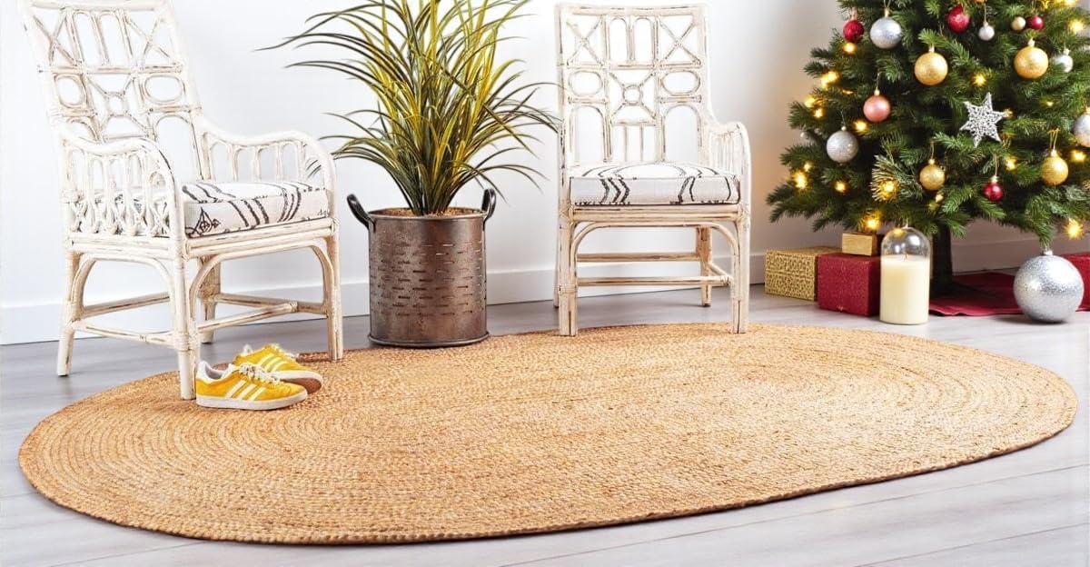 MDS Pack of 1 Handwoven Braided Jute Area Rug 4x6 feet Oval - 100% Natural Burlap Reversible Accent Rugs for Home Decor, Living Room, Doormat, Kitchen, Entryway Rug, Rustic, Farmhouse (4'x6')