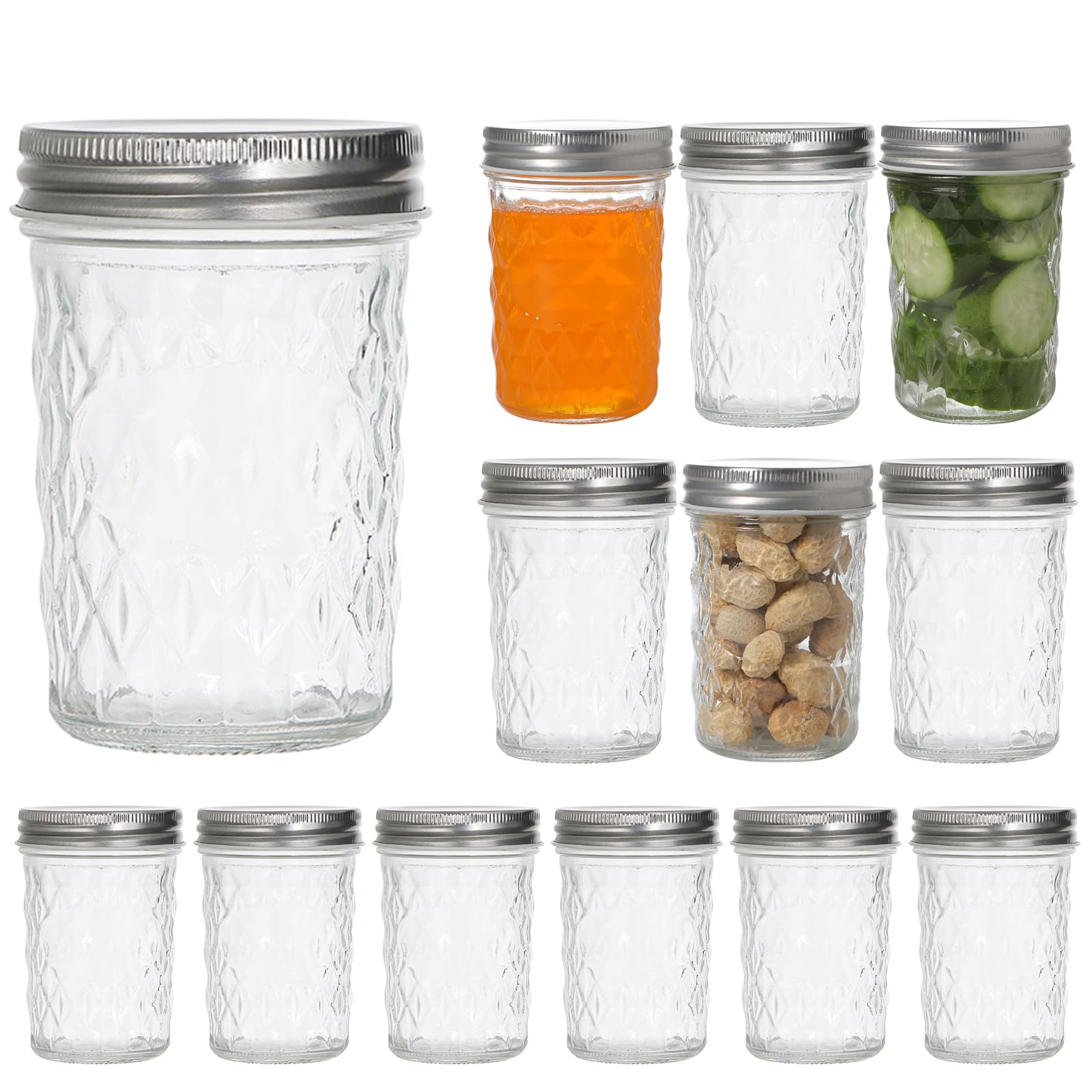 Hniuyun Diamond-12Pack-8Oz 12 Pack 8 Oz (240Ml) Mason Jars With Regular Lids – Clear Glass Canning Jars For Pickling, Jam, Fermenting, Overnight Oats & Party Favors | Food Storage Containers
