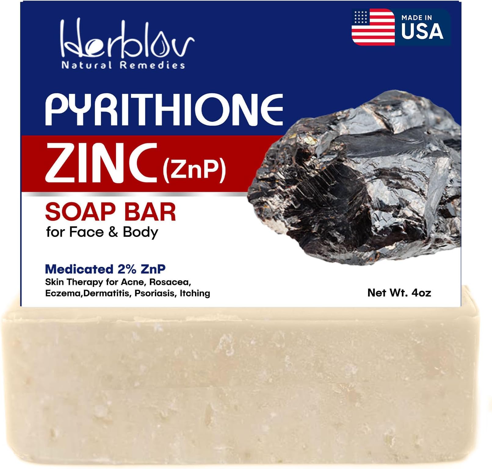 Pyrithione Zinc Soap Bar for Face & Body, 4oz | 2% ZnP Bar Soap Skin Therapy Cleanser for Acne, Rosacea, Eczema, Dermatitis, Psoriasis, Itching | Cleansing, Calming Facial Wash | Made in USA