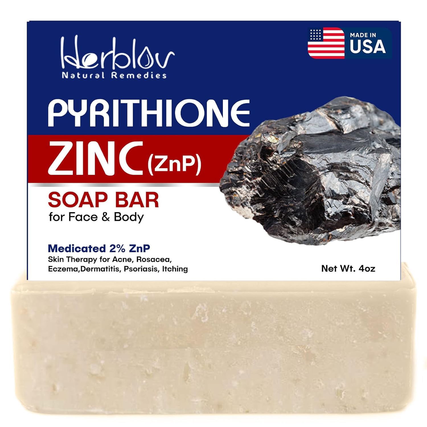 Pyrithione Zinc Soap Bar for Face & Body, 4oz | 2% ZnP Bar Soap Skin Therapy Cleanser for Acne, Rosacea, Eczema, Dermatitis, Psoriasis, Itching | Cleansing, Calming Facial Wash | Made in USA - Amazon product rated Grade A
