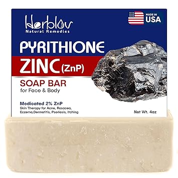 Herblov Pyrithione Zinc Soap Bar for Face & Body, 4oz | 2% ZnP Bar Soap Skin Therapy Cleanser for Acne, Rosacea, Eczema, Dermatitis, Psoriasis, Itching | Cleansing, Calming Facial Wash | Made in USA