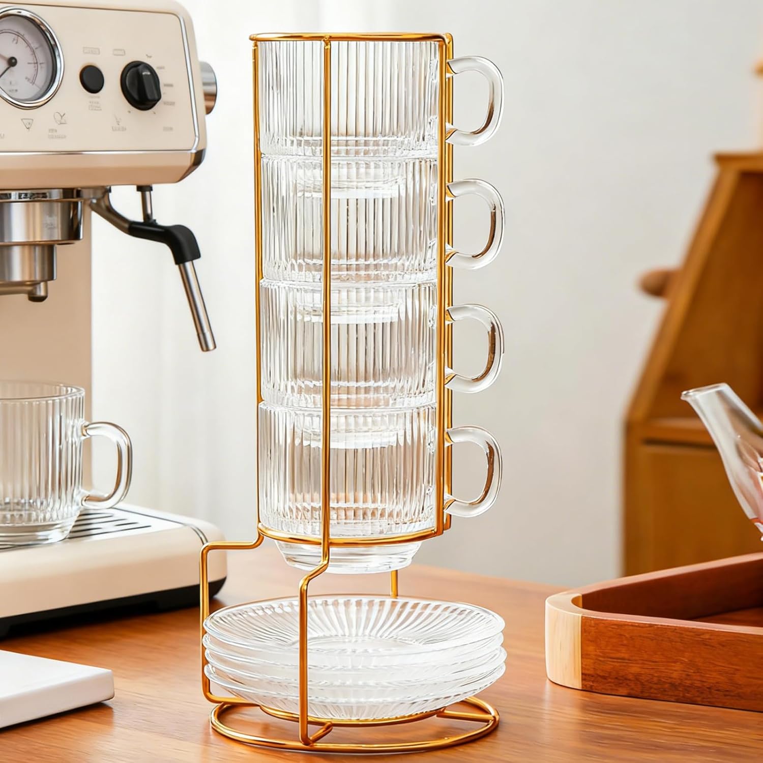 5.4 oz Espresso Cups Set of 4,Clear Glass Coffee Cups with Saucers Spoons and Cup holder,Stackable Small Cup for Espresso,Latte,Cappuccino,Tea