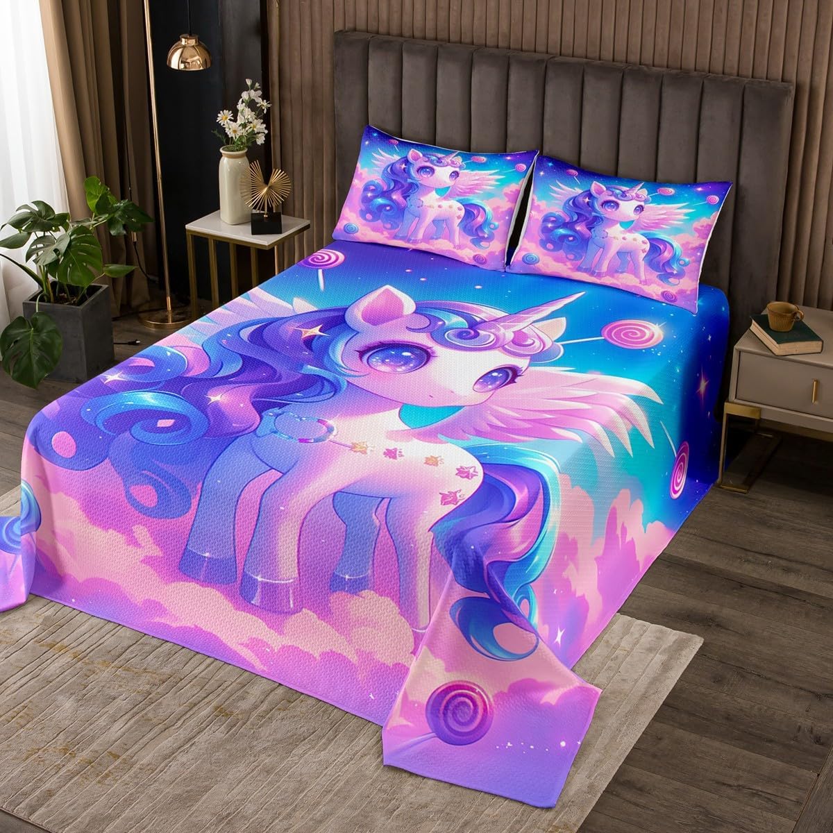 Manfei Blue Mermaid Kids Bedspread King Size, Lotus Flower Mermaid Girl Coverlet Set for Princess Women Room Decor, Caroon Mermaid Quilted Coverlet with 2 Pillowcases, Soft Polyester Bedding Quilt