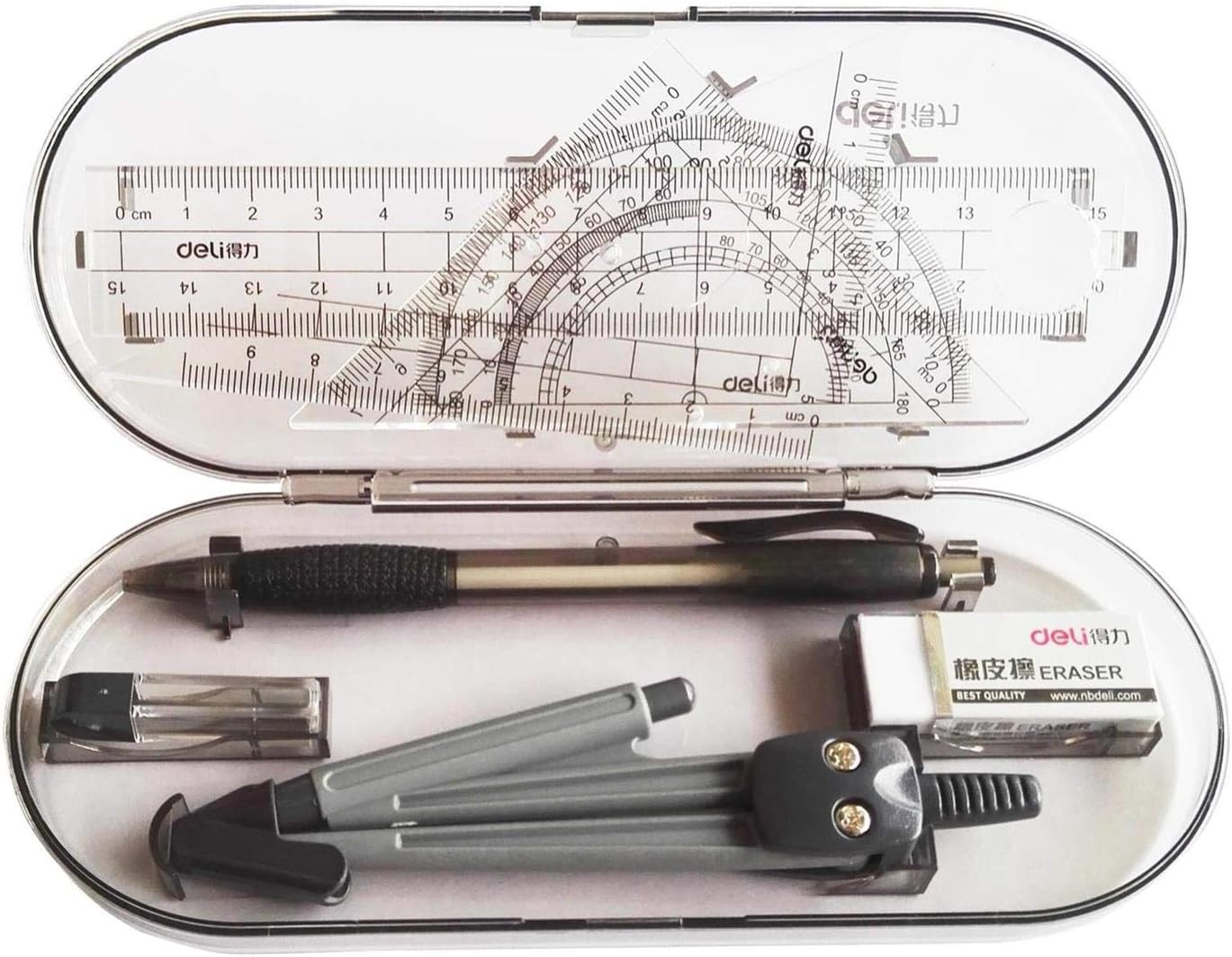 8 Piece Student Geometry Math Set with Shatterproof Storage Box,Includes,Protractor,Compass,Triangle Rulers,Rulers,Mechanical Pencil,Lead Refills and Eraser