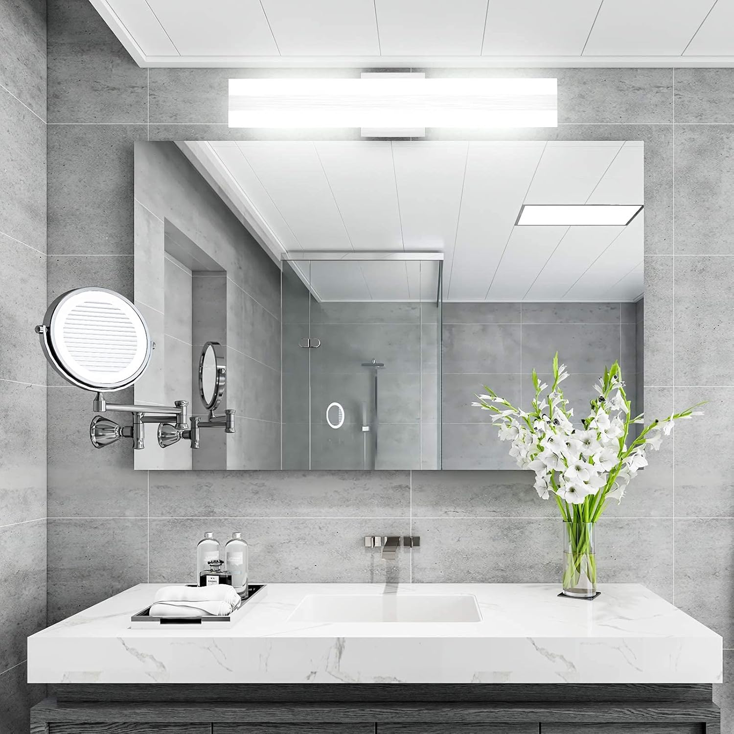 Aipsun 23.6in/24W Brushed Silver Aluminum Modern LED Vanity Light Frosted White Acrylic LED Bathroom Vanity Light Fixtures Up and Down Wall Light(White Light 6000K)